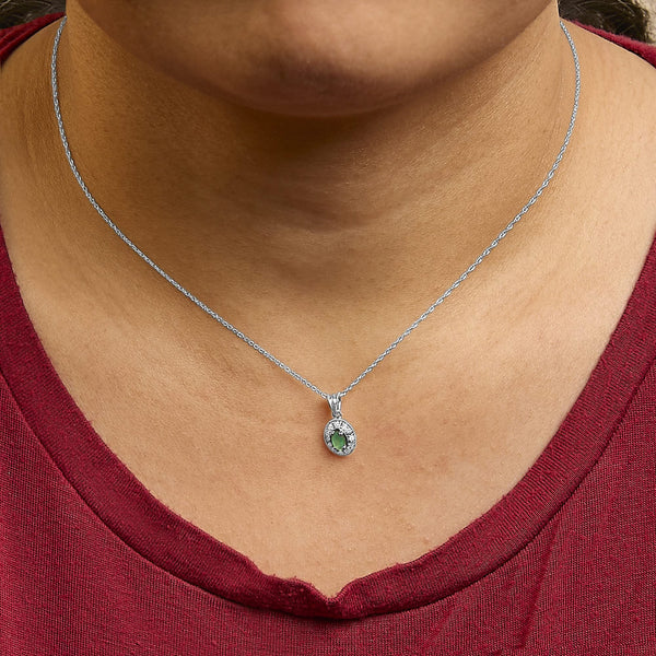 14K White Gold Oval Green Emerald and Diamond Halo Pendant Necklace - 18