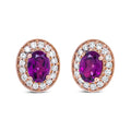 14K rose gold earrings with oval garnet and round diamond halo stones