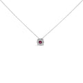 14K white gold necklace with red ruby center and round diamond halo stones