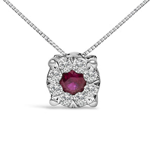 14K White Gold Red Ruby and 1/3 Cttw Diamond Halo Pendant Necklace-1