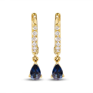 10K Yellow Gold Pear Blue Sapphire and 1/10 Cttw Diamond Drop and Dangle Huggy Hoop Earrings (H-I Color, I1-I2 Clarity)-1