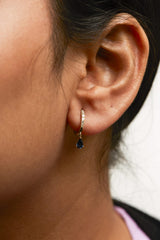 10K Yellow Gold Pear Blue Sapphire and 1/10 Cttw Diamond Drop and Dangle Huggy Hoop Earrings (H-I Color, I1-I2 Clarity)-2 thumbnail 3