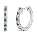 10K white gold hoop earrings with round diamond and green emerald stones