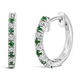 10K white gold hoop earrings with round diamond and green emerald stones thumbnail 1