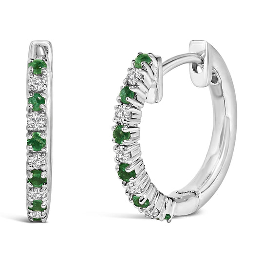 10K white gold hoop earrings with round diamond and green emerald stones