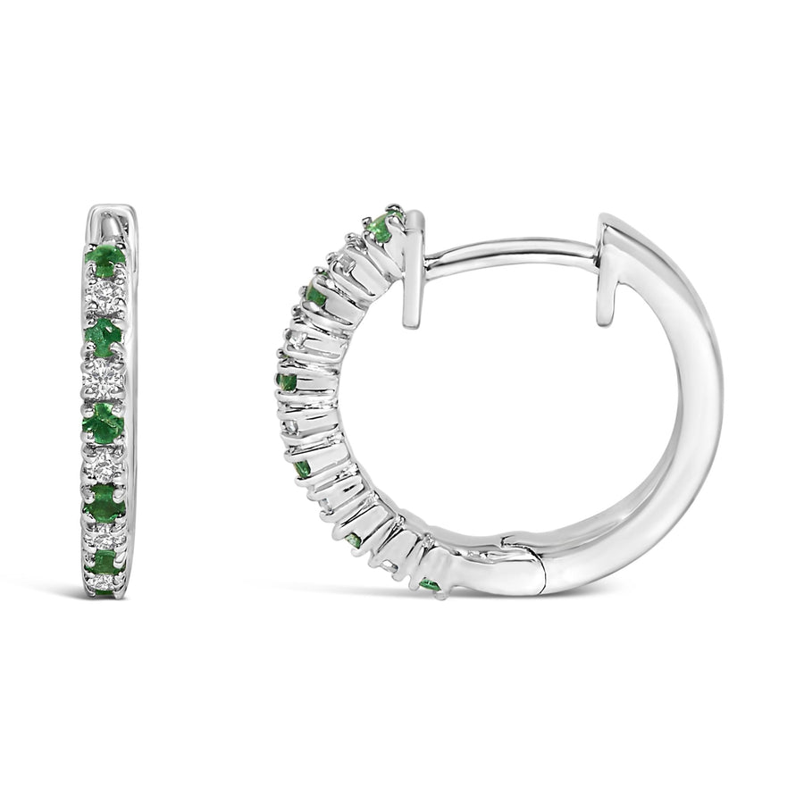 10K White Gold Alternating Emerald 1/10 Cttw Diamond Huggy Hoop Earrings (I-J Color, I1-I2 Clarity)