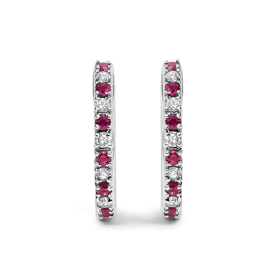 10K Gold Alternating Diamond and Red Ruby Huggy Hoop Earrings