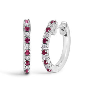 10K Gold Alternating Diamond and Red Ruby Huggy Hoop Earrings-1