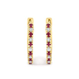 10K Gold Alternating Diamond and Red Ruby Huggy Hoop Earrings-2 thumbnail 3