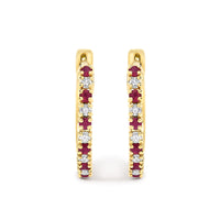 10K Gold Alternating Diamond and Red Ruby Huggy Hoop Earrings