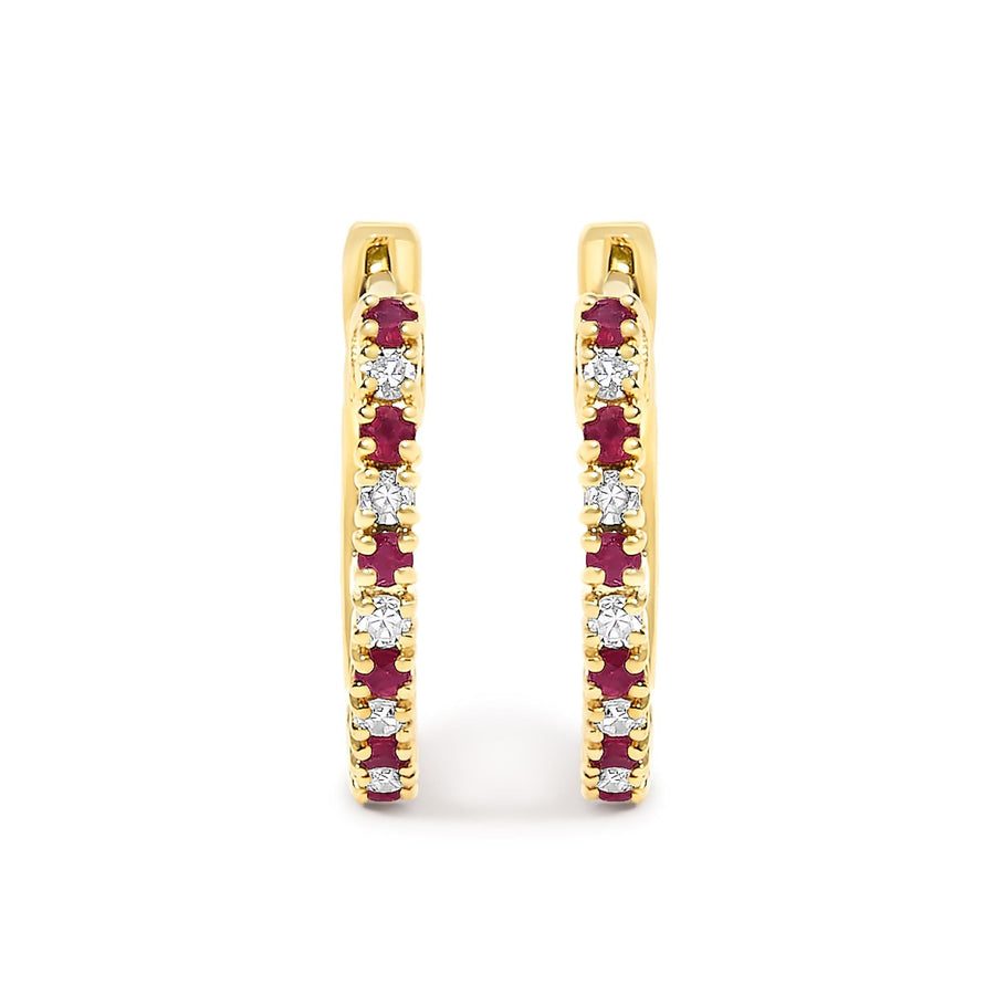 10K Gold Alternating Diamond and Red Ruby Huggy Hoop Earrings