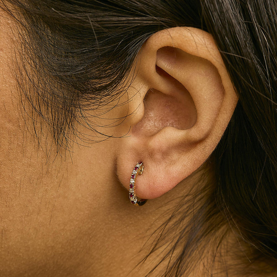 10K Gold Alternating Diamond and Red Ruby Huggy Hoop Earrings