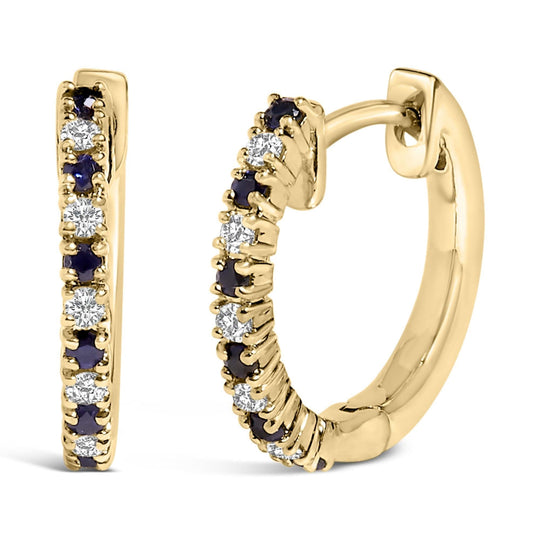 10K yellow gold hoop earrings with alternating blue sapphire and diamond stones