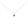 14K white gold necklace with pear ruby and diamond halo pendant