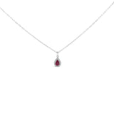 14K white gold necklace with pear ruby and diamond halo pendant thumbnail 1