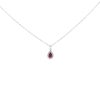 14K White Gold 6x4 Pear Red Ruby and Diamond Halo Pendant Necklace - 18