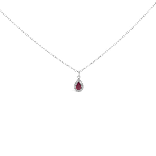 14K White Gold 6x4 Pear Red Ruby and Diamond Halo Pendant Necklace - 18" Inches-0