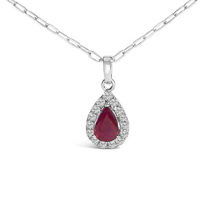 14K White Gold 6x4 Pear Red Ruby and Diamond Halo Pendant Necklace - 18