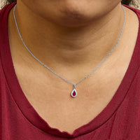 14K White Gold 6x4 Pear Red Ruby and Diamond Halo Pendant Necklace - 18