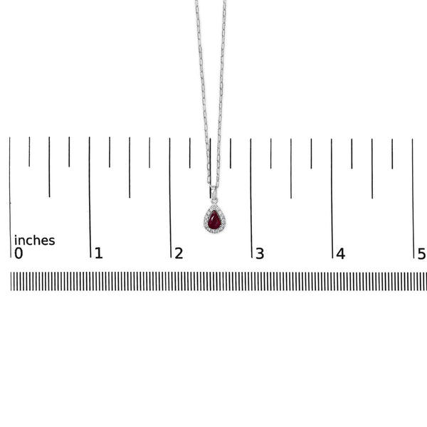 14K White Gold 6x4 Pear Red Ruby and Diamond Halo Pendant Necklace - 18