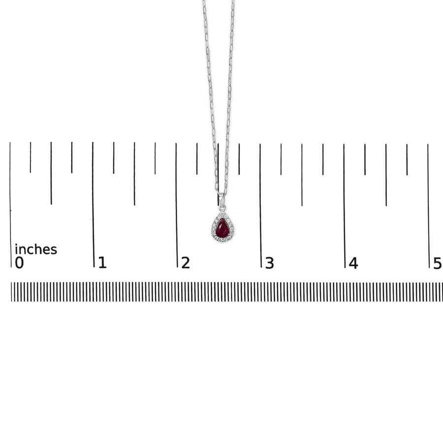 14K White Gold 6x4 Pear Red Ruby and Diamond Halo Pendant Necklace - 18