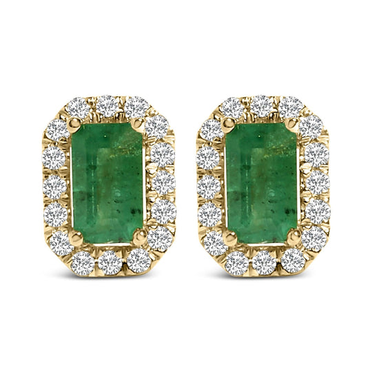 14K yellow gold earrings with octagonal green emerald and diamond halo stones
