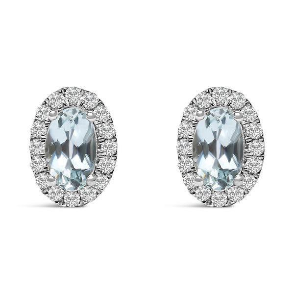 10K White Gold 5x3 MM Oval Cut Birthstone and Diamond Halo Stud Earrings (I-J Color, I1-I2 Clarity)