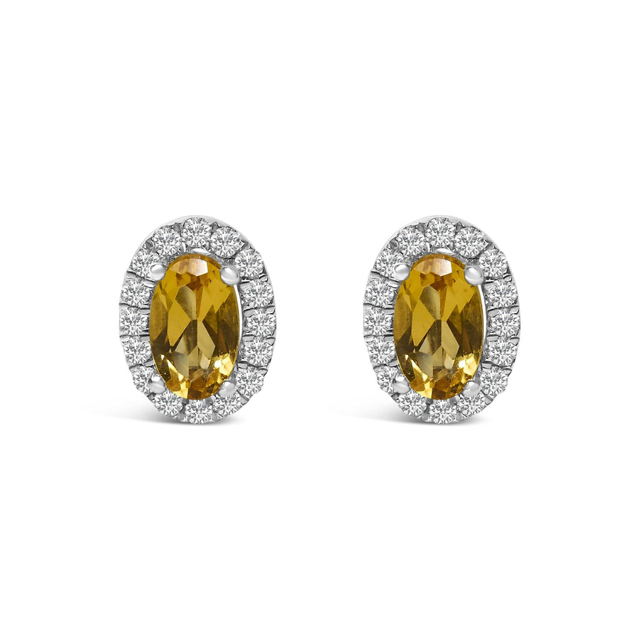 10K White Gold 5x3 MM Oval Cut Birthstone and Diamond Halo Stud Earrings (I-J Color, I1-I2 Clarity)