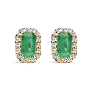 10K Gold 5x3mm Emerald-Cut Gemstone and 1/7 Cttw Diamond Halo Octagonal Stud Earrings (I-J Color, I1-I2 Clarity)-1