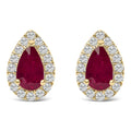 10K yellow gold earrings with pear ruby and halo diamond stones