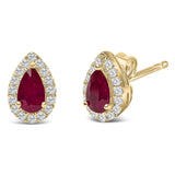 10K Yellow Gold 5X3 MM Pear-Cut Ruby and 1/7 Cttw Diamond Halo Stud Earrings (I-J Color, I1-I2 Clarity)-1 thumbnail 2