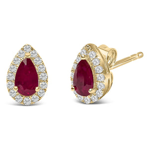 10K Yellow Gold 5X3 MM Pear-Cut Ruby and 1/7 Cttw Diamond Halo Stud Earrings (I-J Color, I1-I2 Clarity)-1