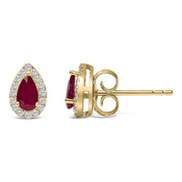 10K Yellow Gold 5X3 MM Pear-Cut Ruby and 1/7 Cttw Diamond Halo Stud Earrings (I-J Color, I1-I2 Clarity)