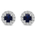 10K white gold earrings with round blue sapphire and diamond halo stones