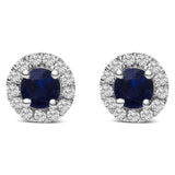 10K white gold earrings with round blue sapphire and diamond halo stones thumbnail 1
