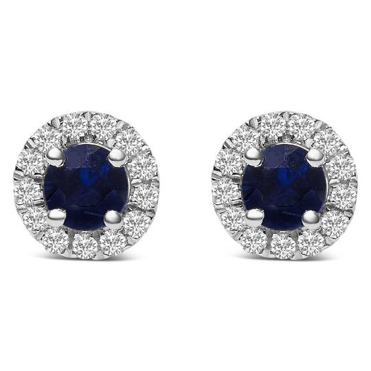 10K White Gold 3.25mm x 3.25mm Round Blue Sapphire and 1/10 Cttw Diamond Halo Stud Earrings (I-J Color, I1-I2 Clarity)-0