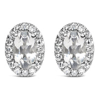 10K White Gold 5x3 MM Oval Cut Birthstone and Diamond Halo Stud Earrings (I-J Color, I1-I2 Clarity)