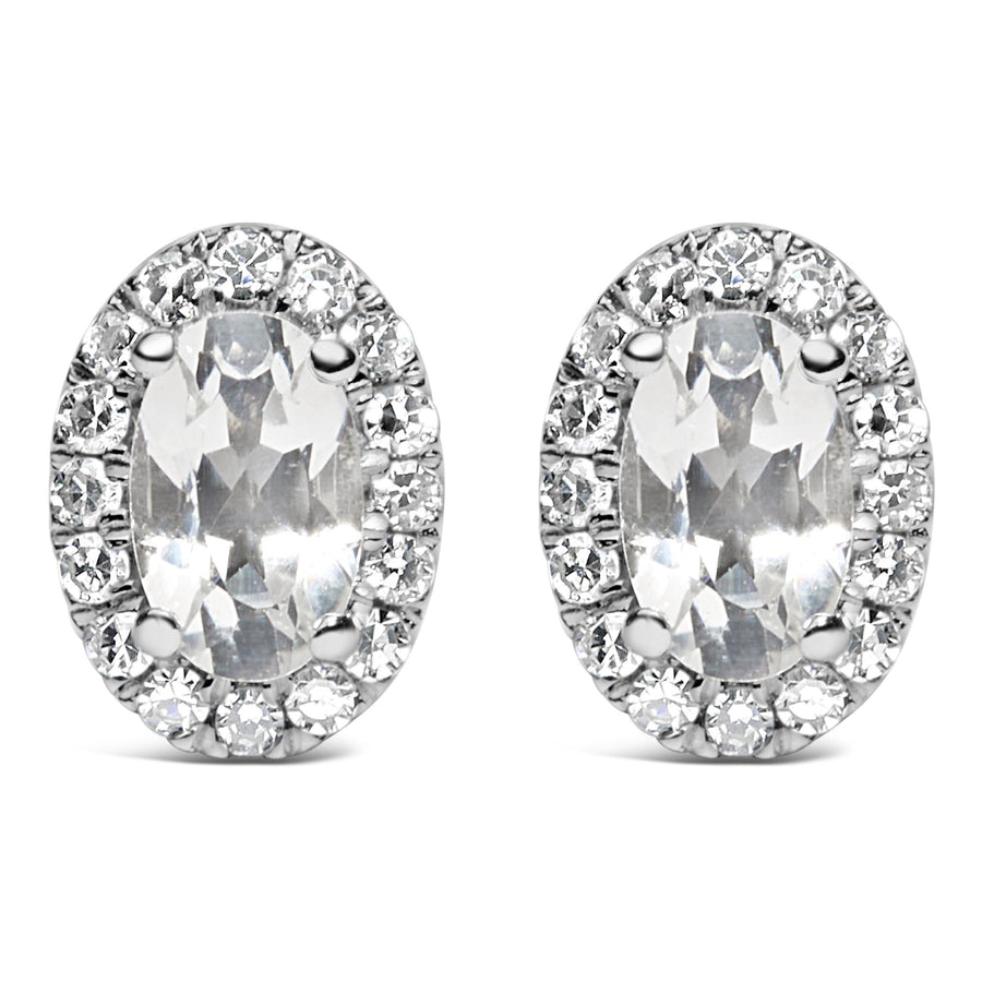 10K White Gold 5x3 MM Oval Cut Birthstone and Diamond Halo Stud Earrings (I-J Color, I1-I2 Clarity)