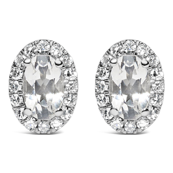 10K White Gold 5x3 MM Oval Cut Birthstone and Diamond Halo Stud Earrings (I-J Color, I1-I2 Clarity)