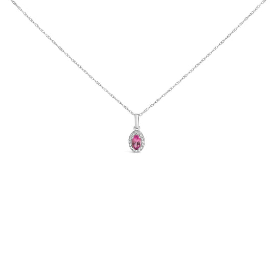 10K White Gold 5x3mm Gemstone and Diamond Accent Halo Oval Shape 18" Pendant Necklace (I-J Color, I1-I2 Clarity)-0