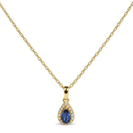 10K Yellow Gold Pear-Shaped Gemstone and Diamond Halo Pendant Necklace