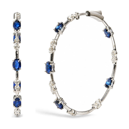 14K White Gold 6/7 Cttw Diamond and Oval Blue Sapphire Station Hoop Earrings