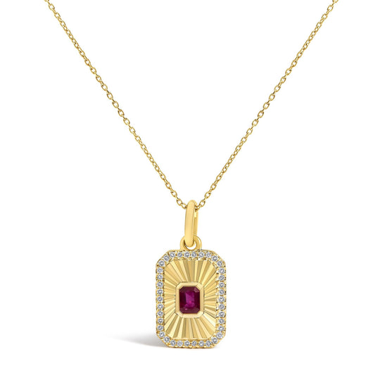 10K Yellow Gold 4x3 MM Ruby and 1/10 Cttw Diamond Rectangular Fluted Medallion Pendant Necklace-0