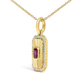 10K Yellow Gold 4x3 MM Ruby and 1/10 Cttw Diamond Rectangular Fluted Medallion Pendant Necklace-3 thumbnail 4