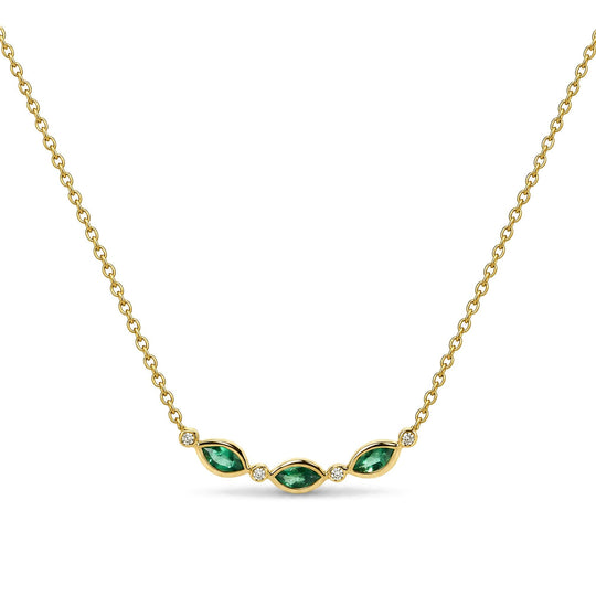 10K Yellow Gold 4x2 MM Marquise Emerald and Diamond Accent Curved Bar Necklace
