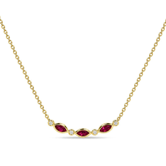 10K Yellow Gold 4x2 MM Marquise Ruby and Diamond Accent Curved Bar Necklace