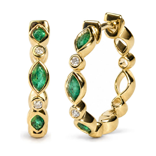 10K Yellow Gold Marquise Emerald and Diamond Bezel-Set Station Hoop Earrings