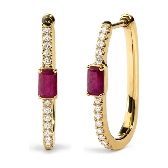 10K Yellow Gold 1/5 Cttw Diamond and Emerald-Cut Ruby Station Hoop Earrings