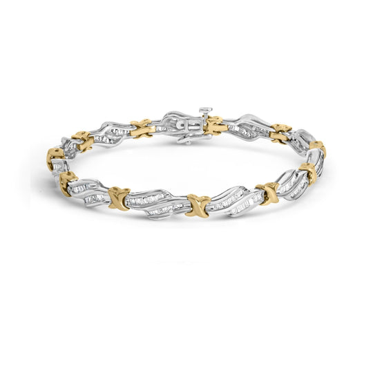 10K two-tone gold bracelet with channel-set baguette diamonds in X-link weave