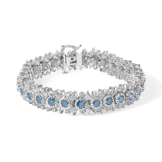 14K white gold bracelet with blue and white diamond floral clusters